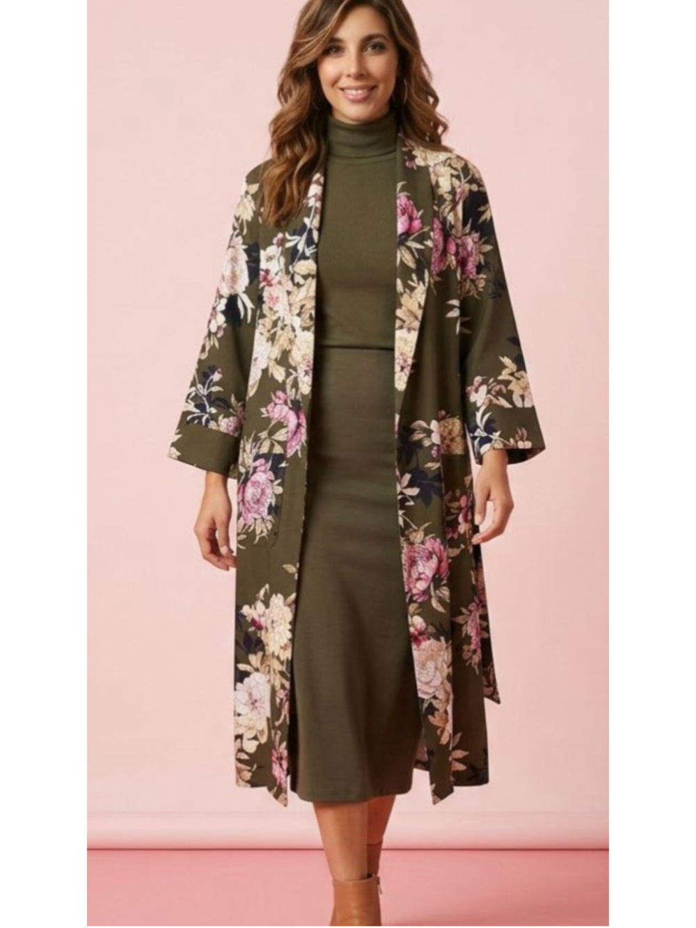 Women's 7th Avenue Design Studio Olive Green Floral Belted Jacket Cottagecore M